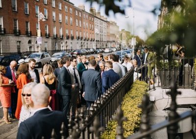 Suesey Street- Wedding Guests out front of restaurant and sister venue, No. 25 Fitzwilliam Place